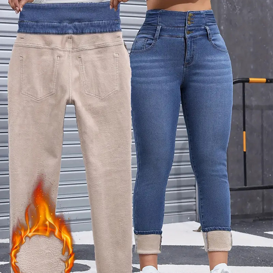 🎁Безплатен ръчно изработен колан👖Топли и удобни дамски дънки с подплата от флис